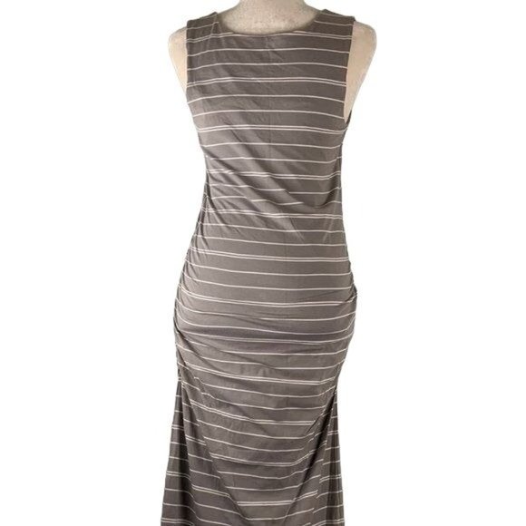 Athleta Sleeveless Maxi Dress S Grey White Striped Ruched Sides Lined Stretch - Picture 4 of 4
